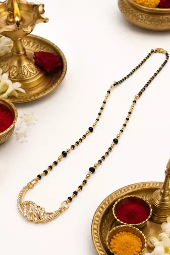 Gold-plated mangalsutra with black beads chain, cz stone pendant, traditional indian bridal jewellery