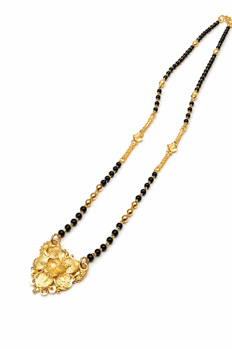Gold-plated floral pendant mangalsutra, black beaded chain, traditional indian bridal jewellery
