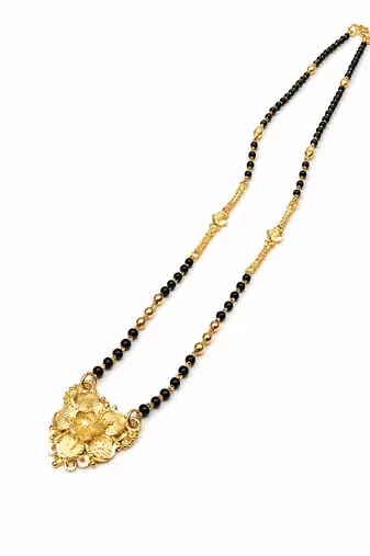 Gold-plated floral pendant mangalsutra, black beaded chain, traditional indian bridal jewellery