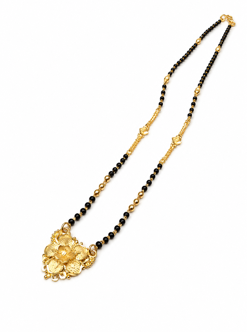 Gold-plated floral pendant mangalsutra, black beaded chain, traditional indian bridal jewellery
