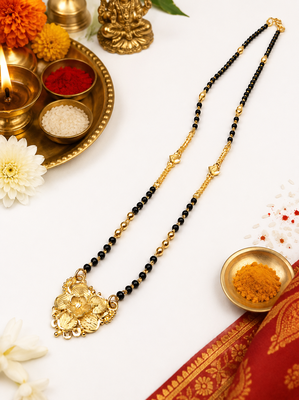 Gold-plated floral pendant mangalsutra, black beaded chain, traditional indian bridal jewellery 3