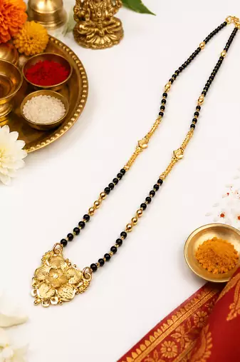 Gold-plated floral pendant mangalsutra, black beaded chain, traditional indian bridal jewellery