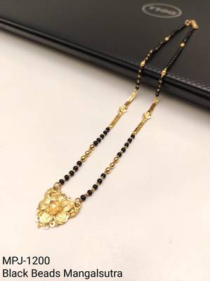 Gold-plated floral pendant mangalsutra, black beaded chain, traditional indian bridal jewellery 4