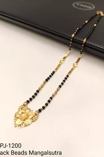 Gold-plated floral pendant mangalsutra, black beaded chain, traditional indian bridal jewellery
