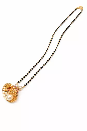 Black beads mangalsutra with gold-toned pearl pendant, traditional indian bridal necklace