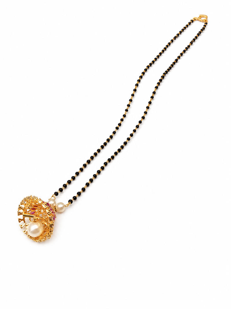 Black beads mangalsutra with gold-toned pearl pendant, traditional indian bridal necklace