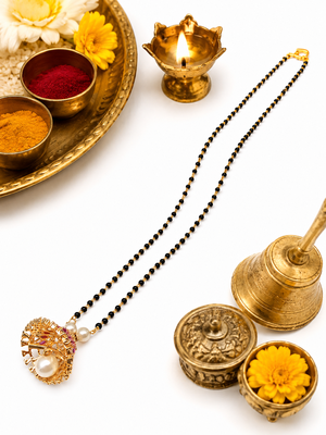 Black beads mangalsutra with gold-toned pearl pendant, traditional indian bridal necklace 2