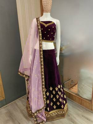 Womens's Velvet Traditional Motiff Semi-Stitched Lehenga Choli With Dupatta Set 5