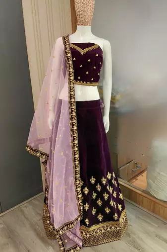 Womens's Velvet Traditional Motiff Semi-Stitched Lehenga Choli With Dupatta Set
