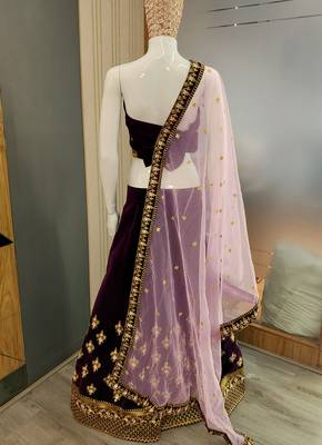 Womens's Velvet Traditional Motiff Semi-Stitched Lehenga Choli With Dupatta Set 6