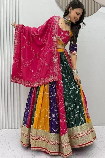 Vintage Navratri Chaniya Choli for Women, Multicolor Silk Lehenga Choli with Dupatta