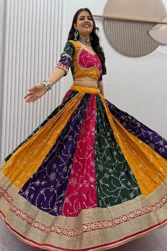 Vintage Navratri Chaniya Choli for Women, Multicolor Silk Lehenga Choli with Dupatta