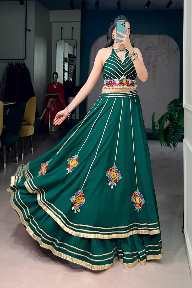 Green Navratri Lehenga Choli for Women, Gamthi Work Chaniya Choli, Mirror Work Garba Dress