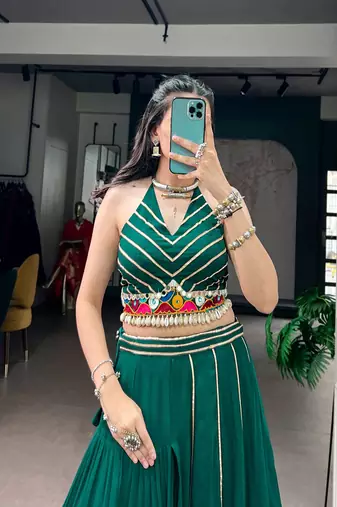 Green Navratri Lehenga Choli for Women, Gamthi Work Chaniya Choli, Mirror Work Garba Dress