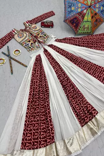 Navratri Cotton Lehenga Choli for Women, Gamathi Work Lehenga Set, Traditional Gujarati Garba Dress