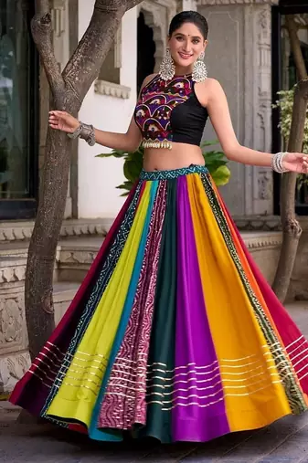 Multicolor Navratri Lehenga Choli for Women, Navrang Chaniya Choli, Mirror Work Blouse