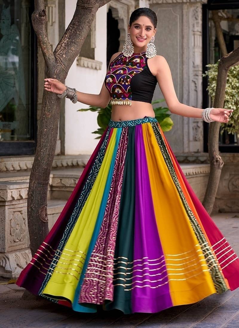 Multicolor Navratri Lehenga Choli for Women, Navrang Chaniya Choli, Mirror Work Blouse