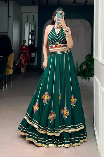 Green Navratri Lehenga Choli for Women, Gamthi Work Chaniya Choli, Mirror Work Garba Dress