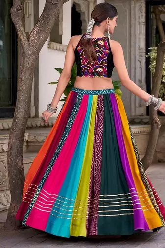 Multicolor Navratri Lehenga Choli for Women, Navrang Chaniya Choli, Mirror Work Blouse