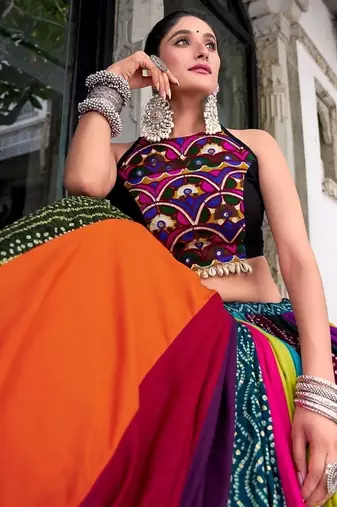 Multicolor Navratri Lehenga Choli for Women, Navrang Chaniya Choli, Mirror Work Blouse