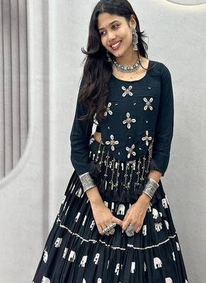 Navy Blue Cotton Navratri Lehenga Choli for Women, Elephant Print Lehenga, Hand Work Choli 1