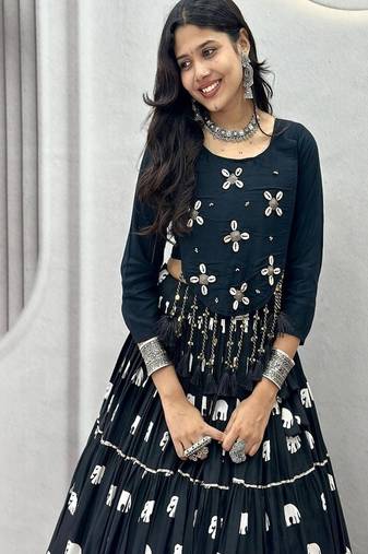 Navy Blue Cotton Navratri Lehenga Choli for Women, Elephant Print Lehenga, Hand Work Choli