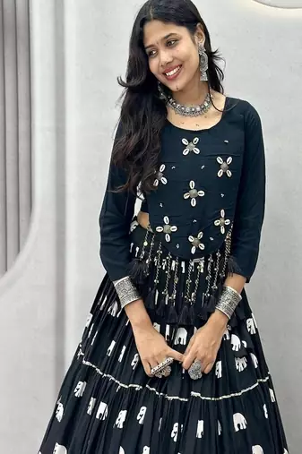 Navy Blue Cotton Navratri Lehenga Choli for Women, Elephant Print Lehenga, Hand Work Choli