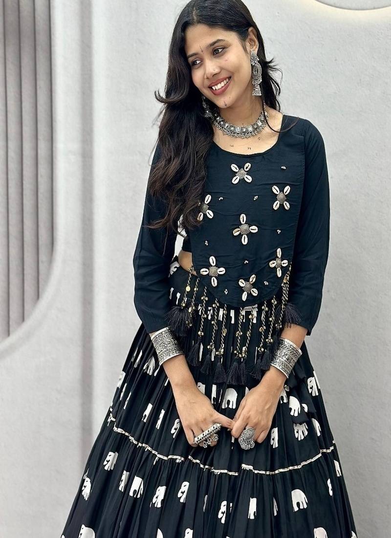 Navy Blue Cotton Navratri Lehenga Choli for Women, Elephant Print Lehenga, Hand Work Choli