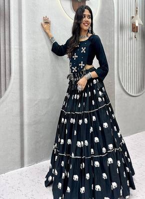 Navy Blue Cotton Navratri Lehenga Choli for Women, Elephant Print Lehenga, Hand Work Choli 2