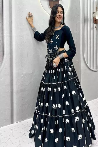Navy Blue Cotton Navratri Lehenga Choli for Women, Elephant Print Lehenga, Hand Work Choli