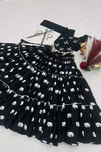 Navy Blue Cotton Navratri Lehenga Choli for Women, Elephant Print Lehenga, Hand Work Choli