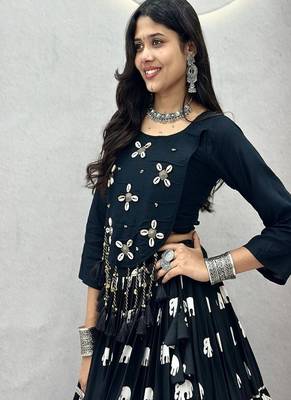 Navy Blue Cotton Navratri Lehenga Choli for Women, Elephant Print Lehenga, Hand Work Choli 4