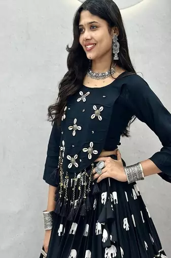 Navy Blue Cotton Navratri Lehenga Choli for Women, Elephant Print Lehenga, Hand Work Choli