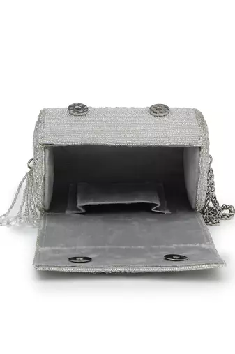   tipify metallic silver geometric mirror embellished clutch