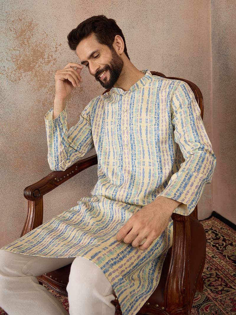 Mens multi silk blend abstract printed kurta