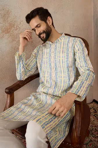 Mens multi silk blend abstract printed kurta