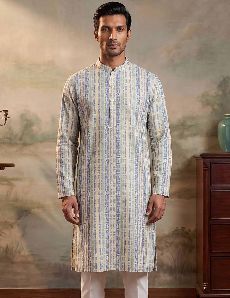 Mens multi silk blend abstract printed kurta