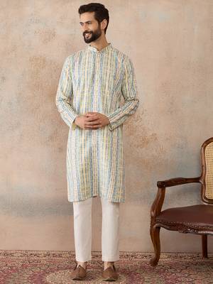 Mens multi silk blend abstract printed kurta 2