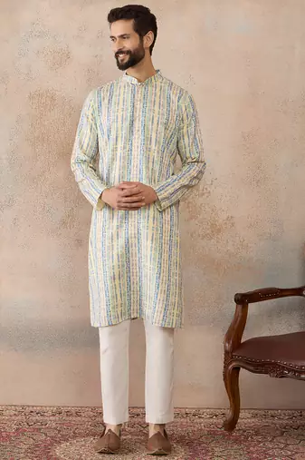 Mens multi silk blend abstract printed kurta
