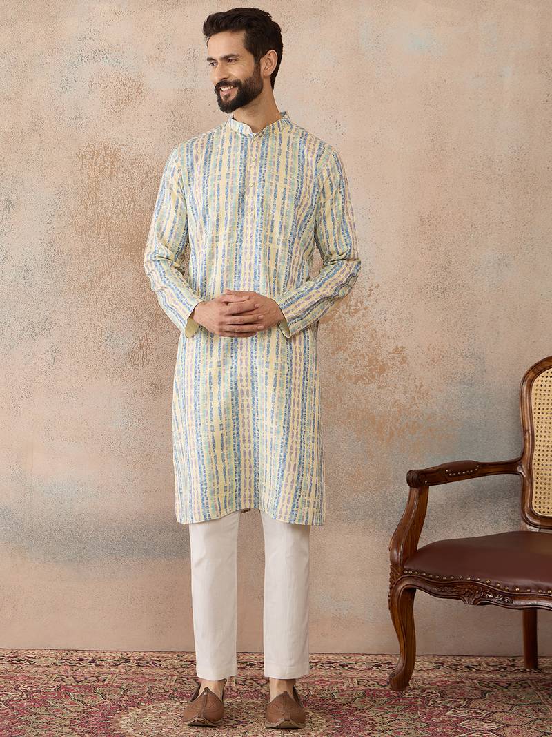 Mens multi silk blend abstract printed kurta
