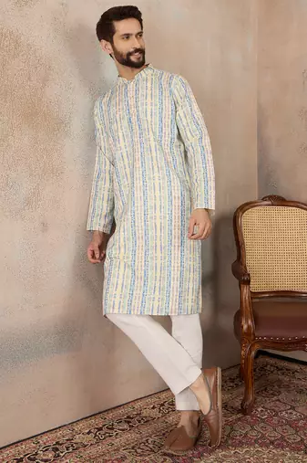 Mens multi silk blend abstract printed kurta