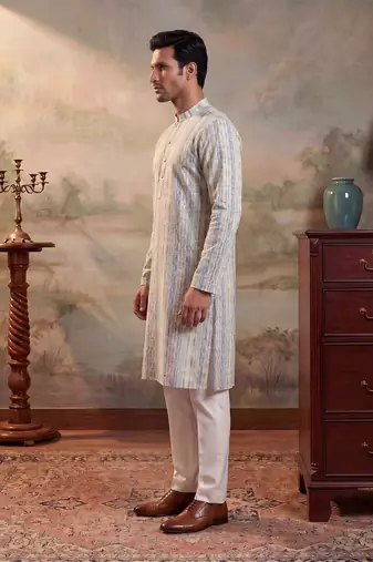 Mens multi silk blend abstract printed kurta