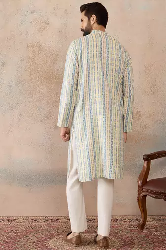 Mens multi silk blend abstract printed kurta