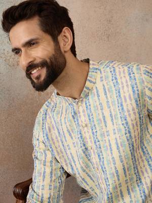 Mens multi silk blend abstract printed kurta 5