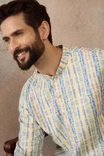 Mens multi silk blend abstract printed kurta
