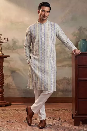 Mens multi silk blend abstract printed kurta