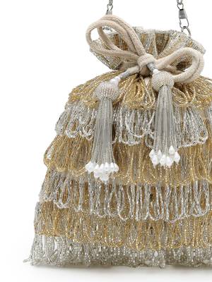  dewdrop fringe metallic gold & silver suede beaded potli 7