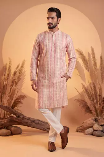 Mens multi silk blend abstract printed kurta