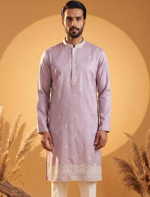 Mens lavender silk blend solid embroidered kurta 1