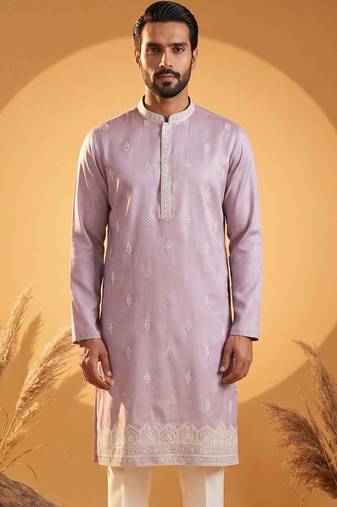 Mens lavender silk blend solid embroidered kurta